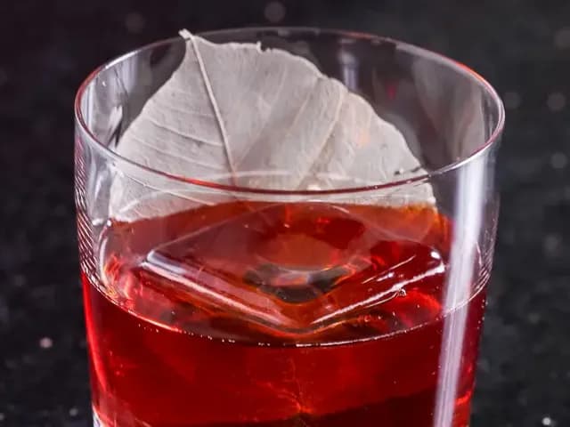 Red cocktail over a large ice cube in a rocks glass, garnished with a pale skeleton leaf, at Red Sky Bar