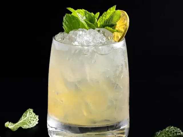 Pale cocktail over crushed ice with fresh mint and a dried lemon wheel at Red Sky Bar