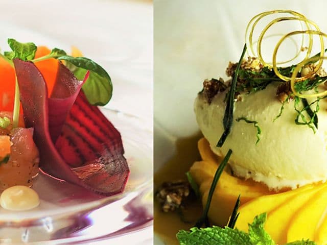 SEEDS Restaurant & Loungeの2皿、ビーツの薄切りと魚のタルタル、ミント添えマンゴーにのせた白いムース
